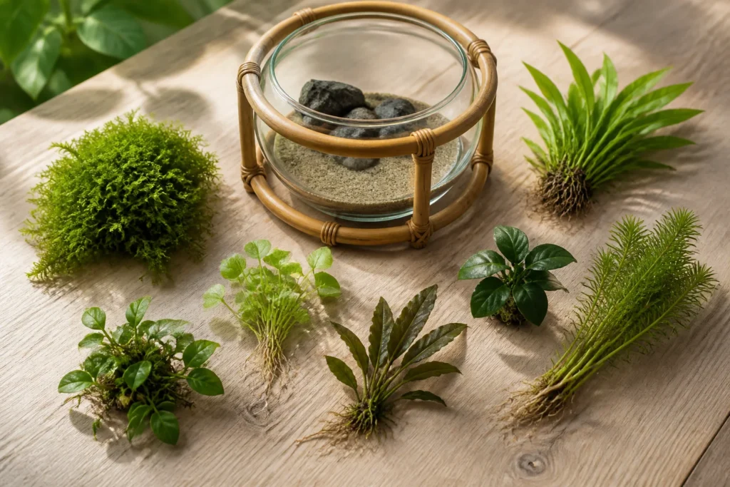 Compact moss, epiphyte and fine-leaved aquarium plants selected for a plant-only mini bowl