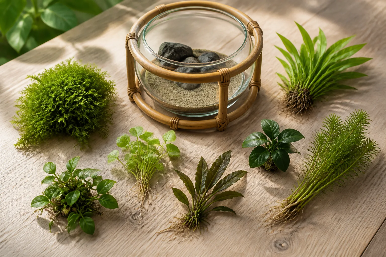 Compact moss, epiphyte and fine-leaved aquarium plants selected for a plant-only mini bowl
