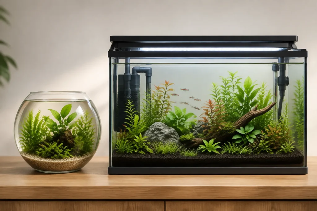 Plant-only glass bowl beside an equipped rectangular nano aquarium for scale and feature comparison