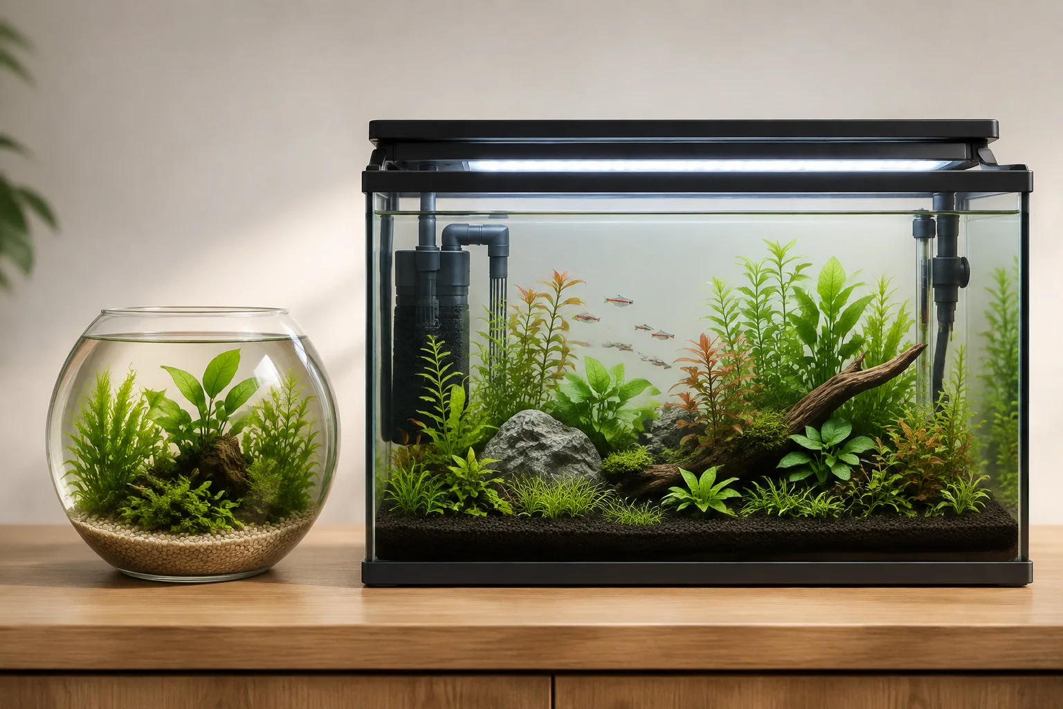 Plant-only glass bowl beside an equipped rectangular nano aquarium for scale and feature comparison