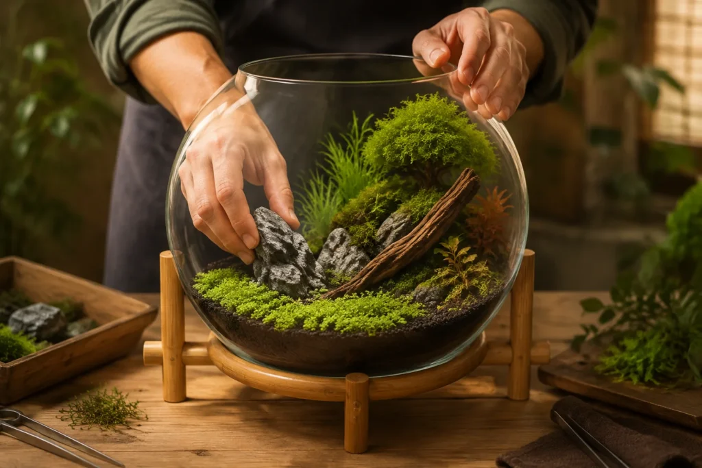 Hands arranging scaled stone, wood and plants in a spacious mini aquarium bowl aquascape