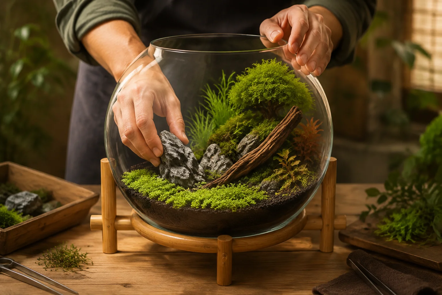 Hands arranging scaled stone, wood and plants in a spacious mini aquarium bowl aquascape