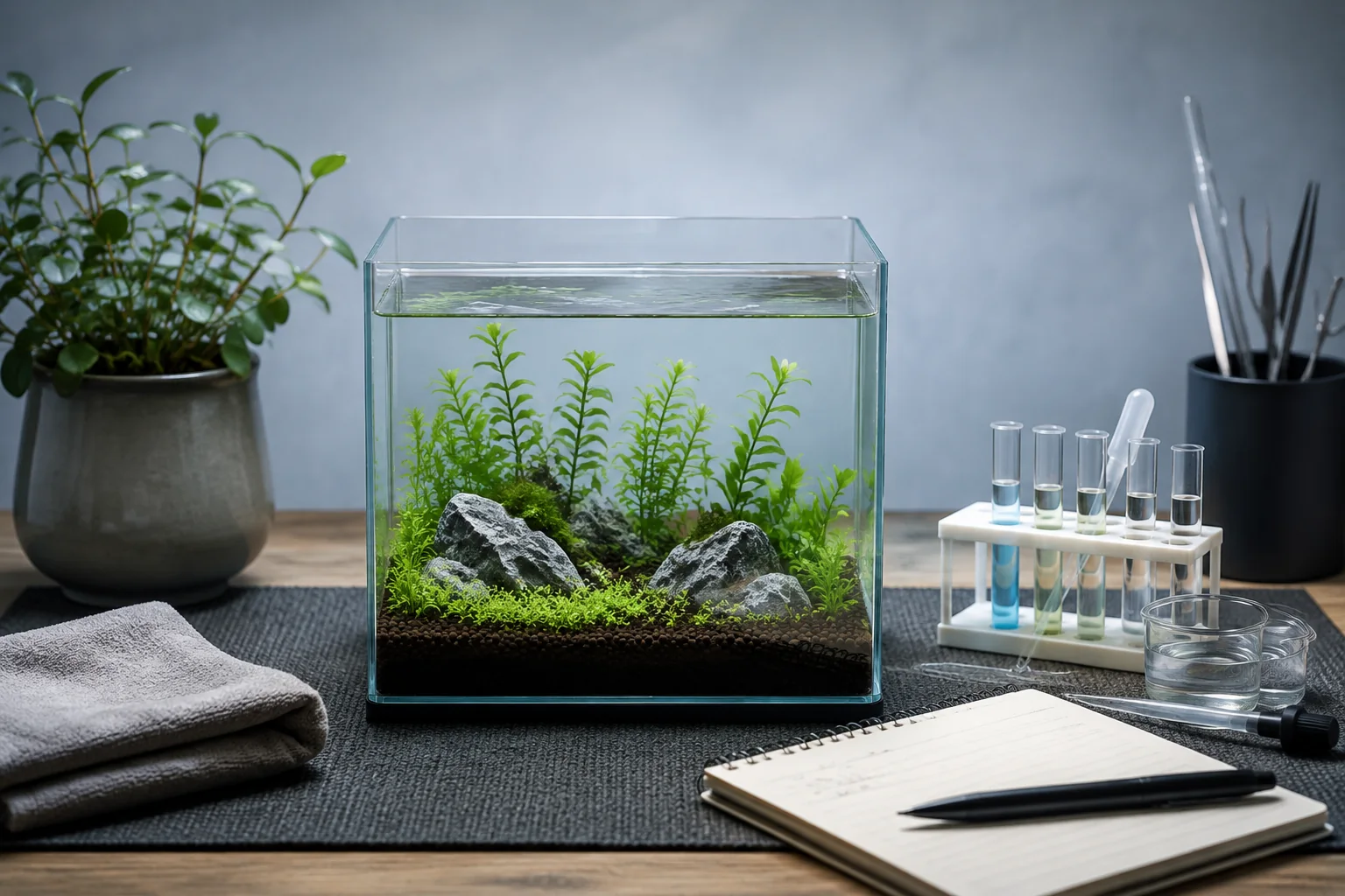 Mini planted aquarium beside water test tubes and a dated cycling observation log