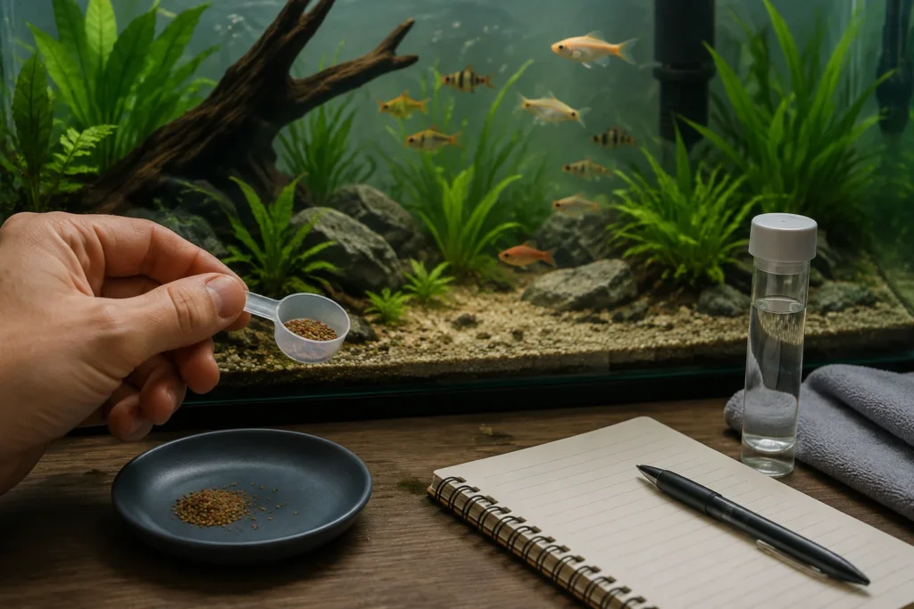 Measured fish food beside an aquarium with a few uneaten particles and a water-testing log