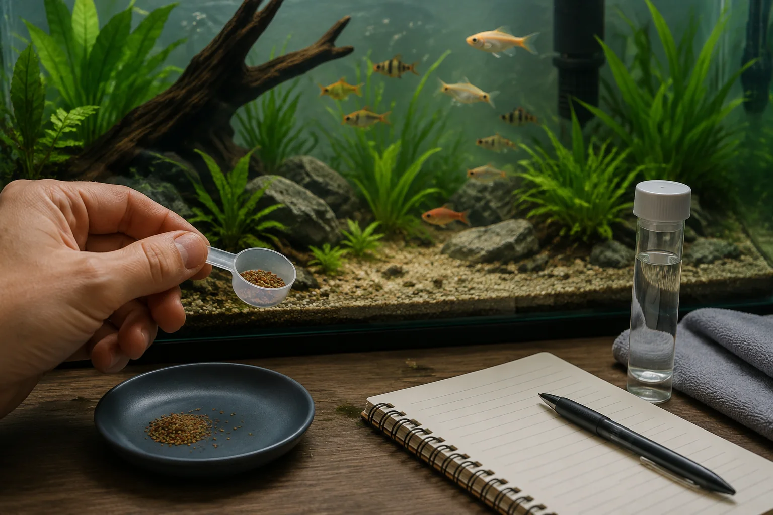 Measured fish food beside an aquarium with a few uneaten particles and a water-testing log