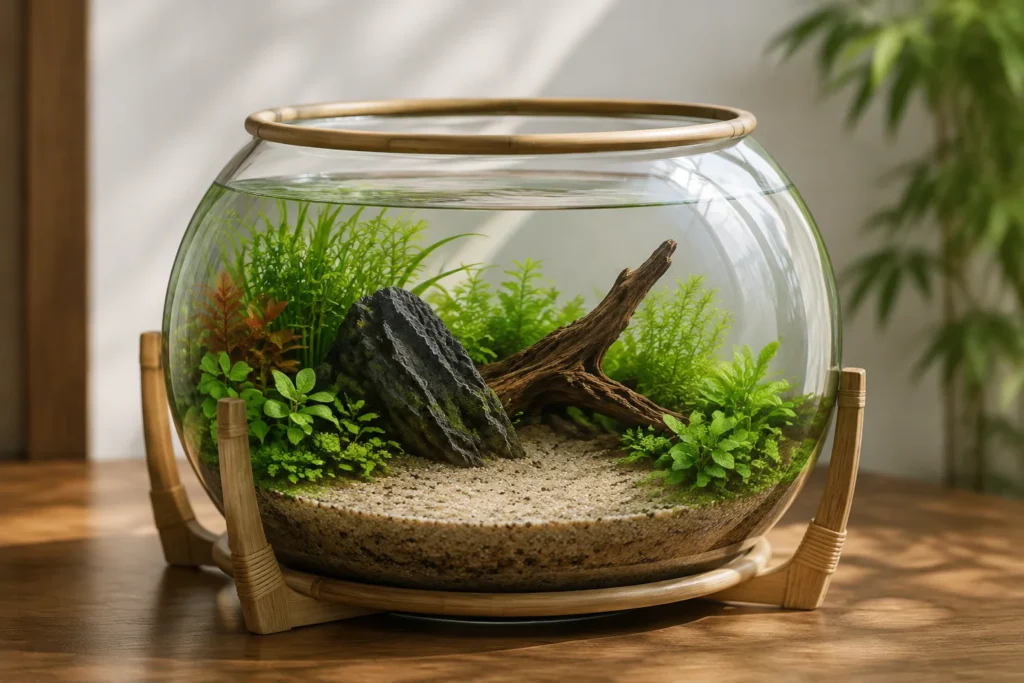 Plant-only aquarium bowl with compact plants, stone, wood and open maintenance space