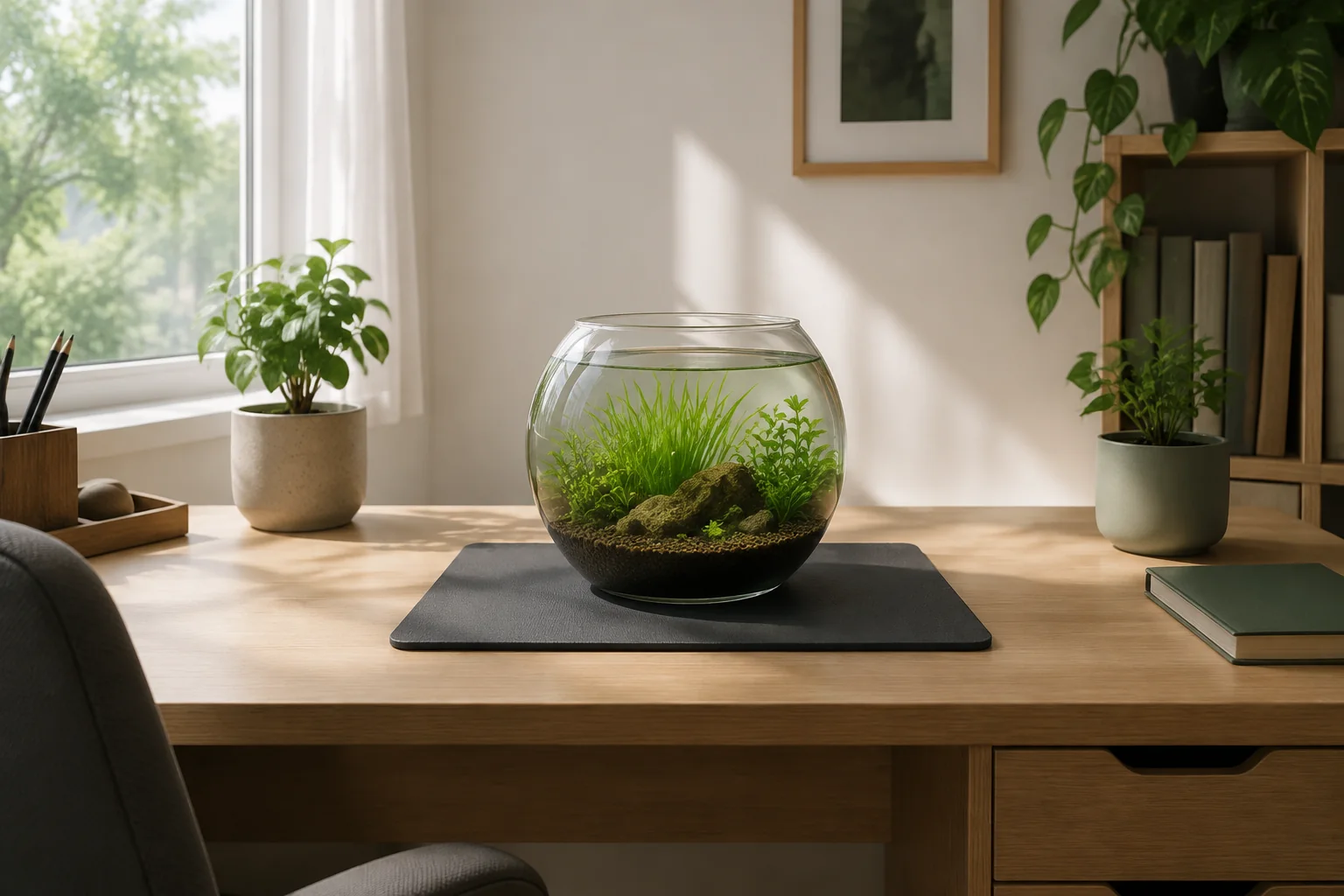 Plant-only aquarium bowl centred on a stable desk away from direct sun, edges and electronics