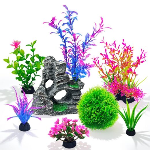 8Pcs Aquarium Decor Set, Artificial Plastic Plants And Rock Cave For Fish Tank Decorations, Goldfish Betta Fish Tank Accessories Supplies Realistic Small Large Fish Bowl Ornaments