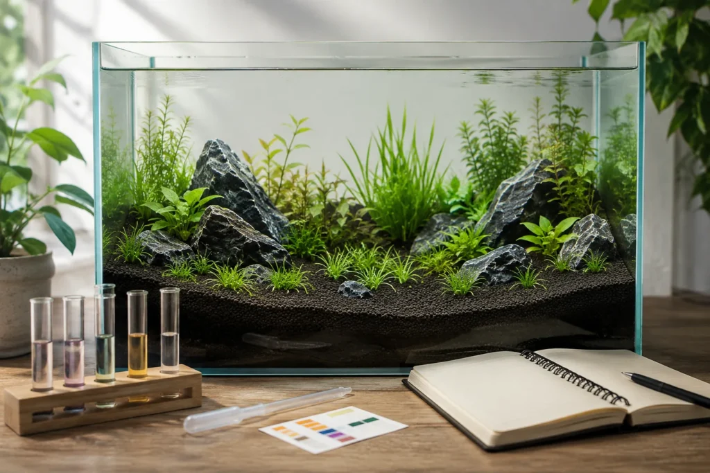 New planted aquarium with aquasoil, water test tubes and a start-up observation log