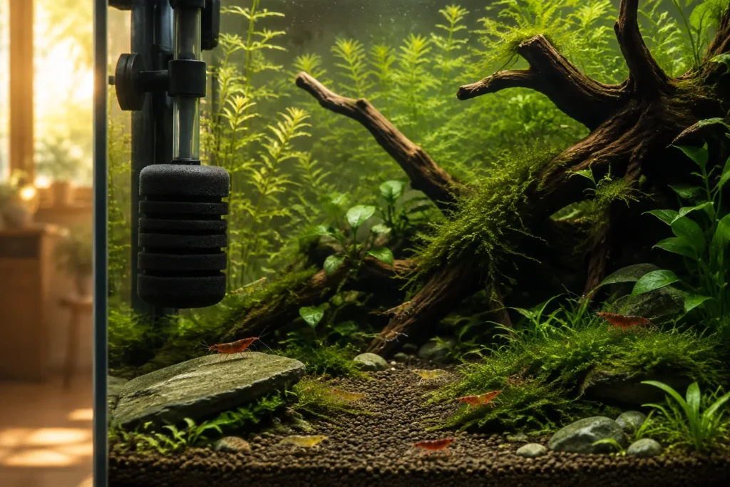 Shrimp-first planted aquarium with mossy grazing surfaces, a protected filter intake and open foreground