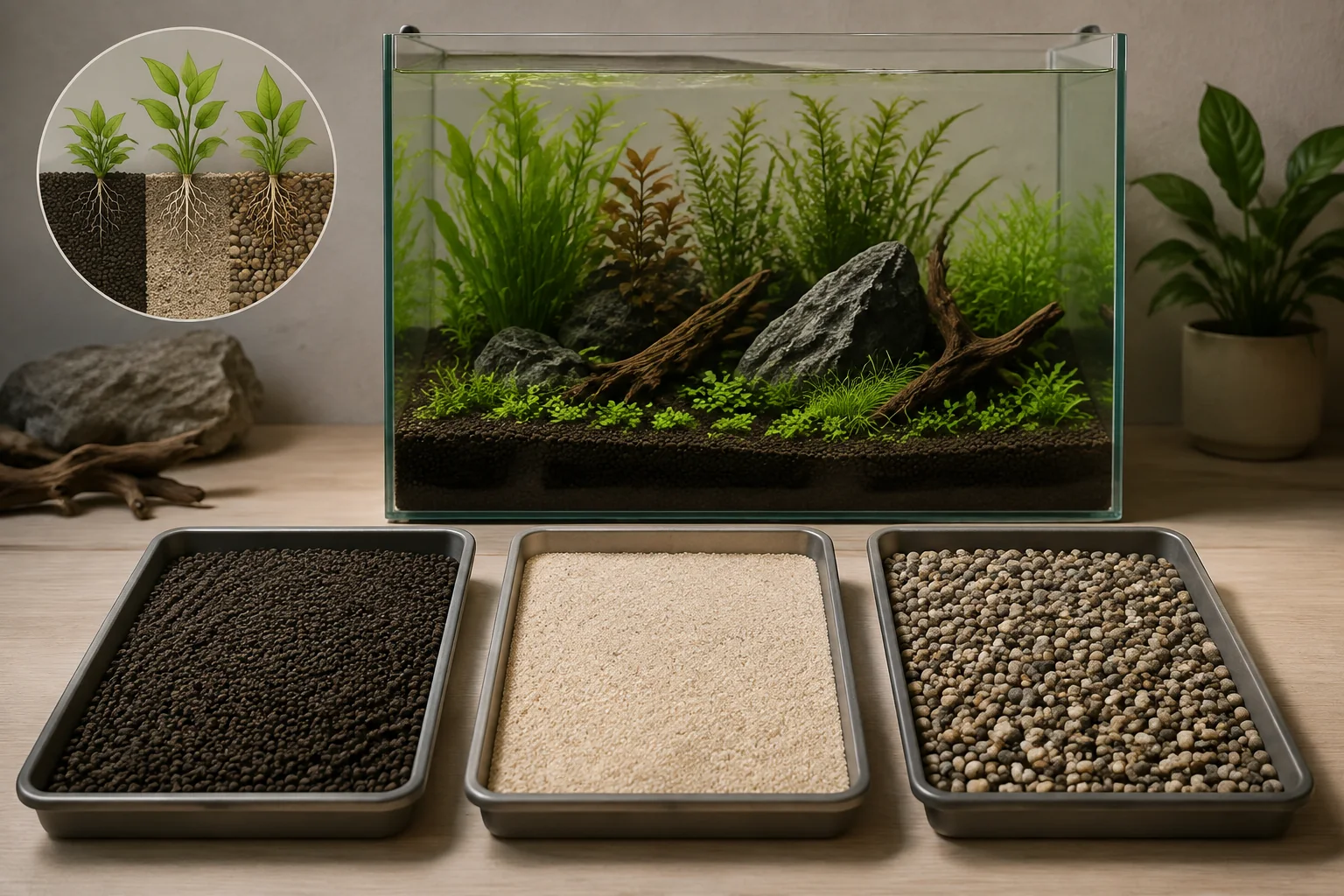 Equal samples of aquasoil, sand and gravel beside a planted aquarium