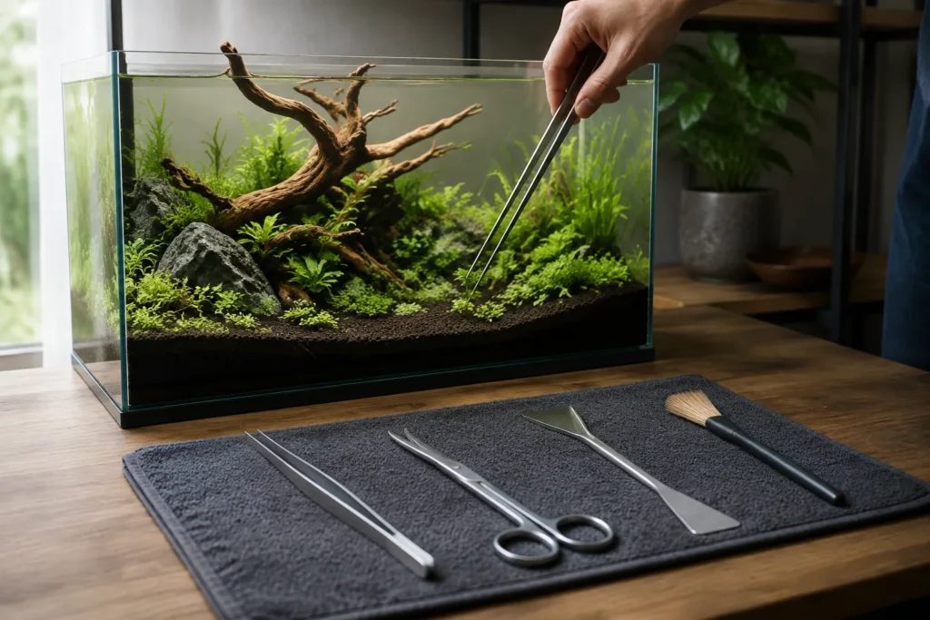 Beginner aquascaping tools arranged beside a planted aquarium