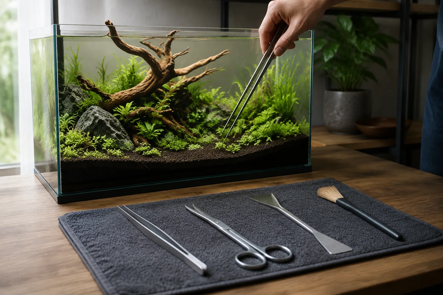 Beginner aquascaping tools arranged beside a planted aquarium