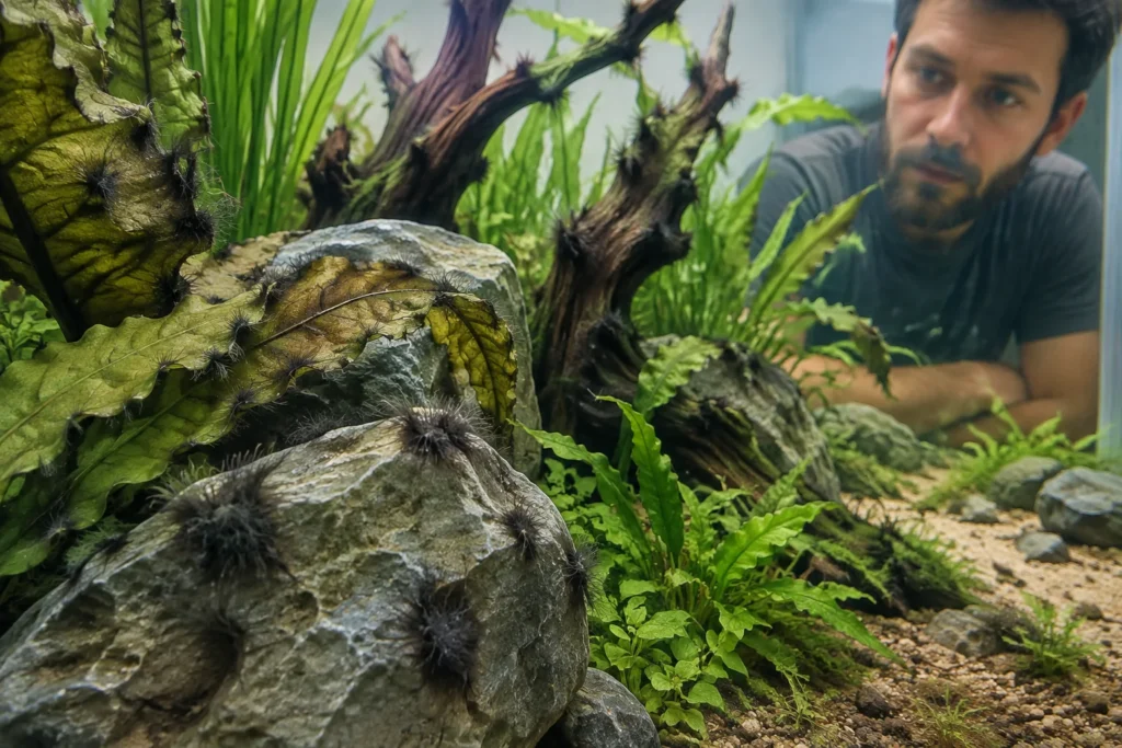 Dark tuft-like growth on aquarium hardscape and leaf edges during a non-diagnostic inspection