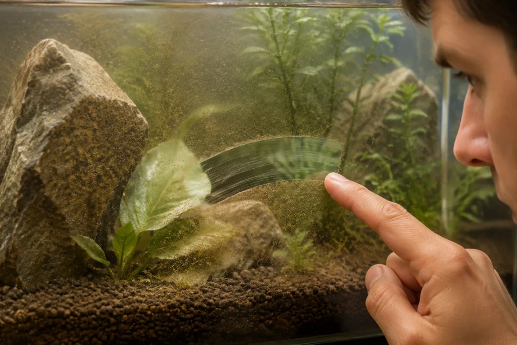 Light brown film on the glass and hardscape of a newly set up aquarium