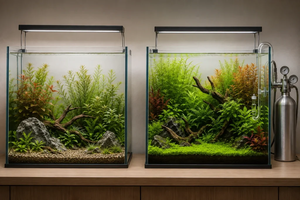 Side-by-side planted aquarium plans for lower-demand growth and a higher-demand setup considering CO2