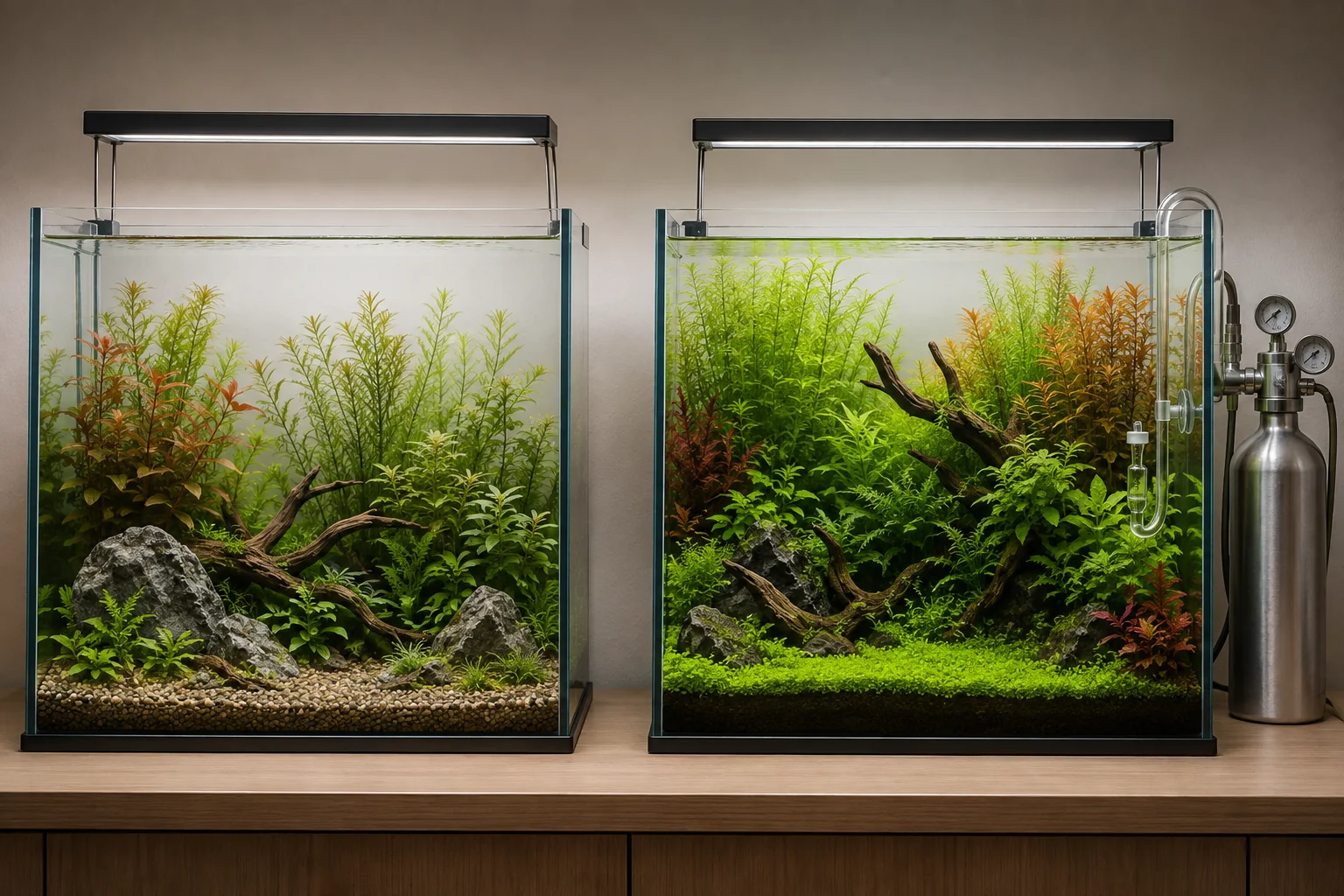 Side-by-side planted aquarium plans for lower-demand growth and a higher-demand setup considering CO2