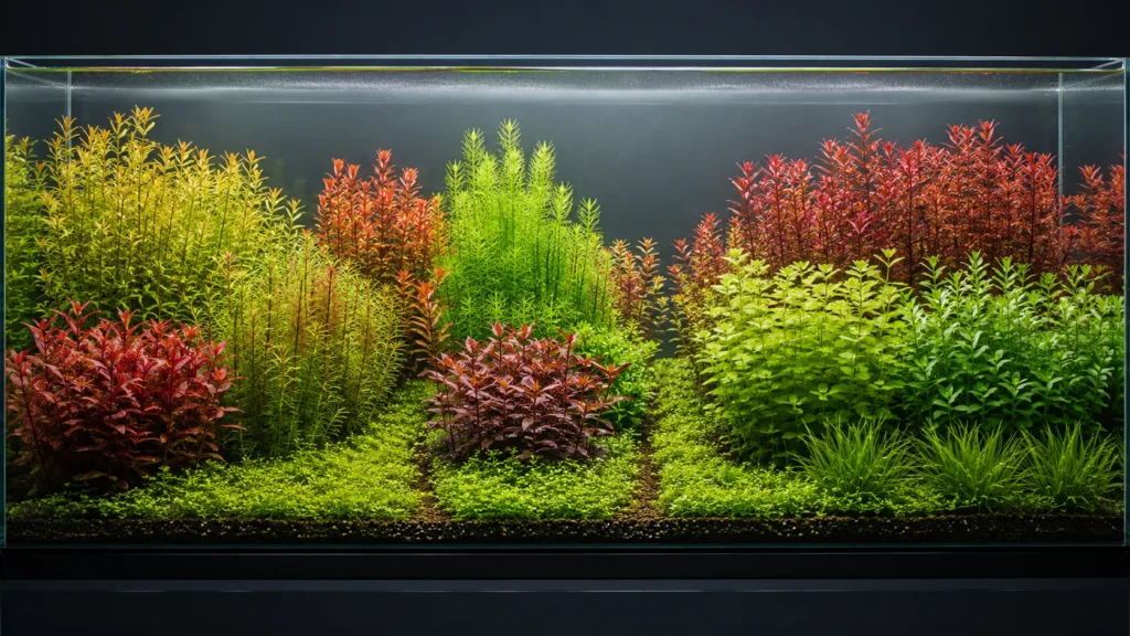 Dutch-inspired aquascape with distinct plant groups, stepped heights and contrasting textures