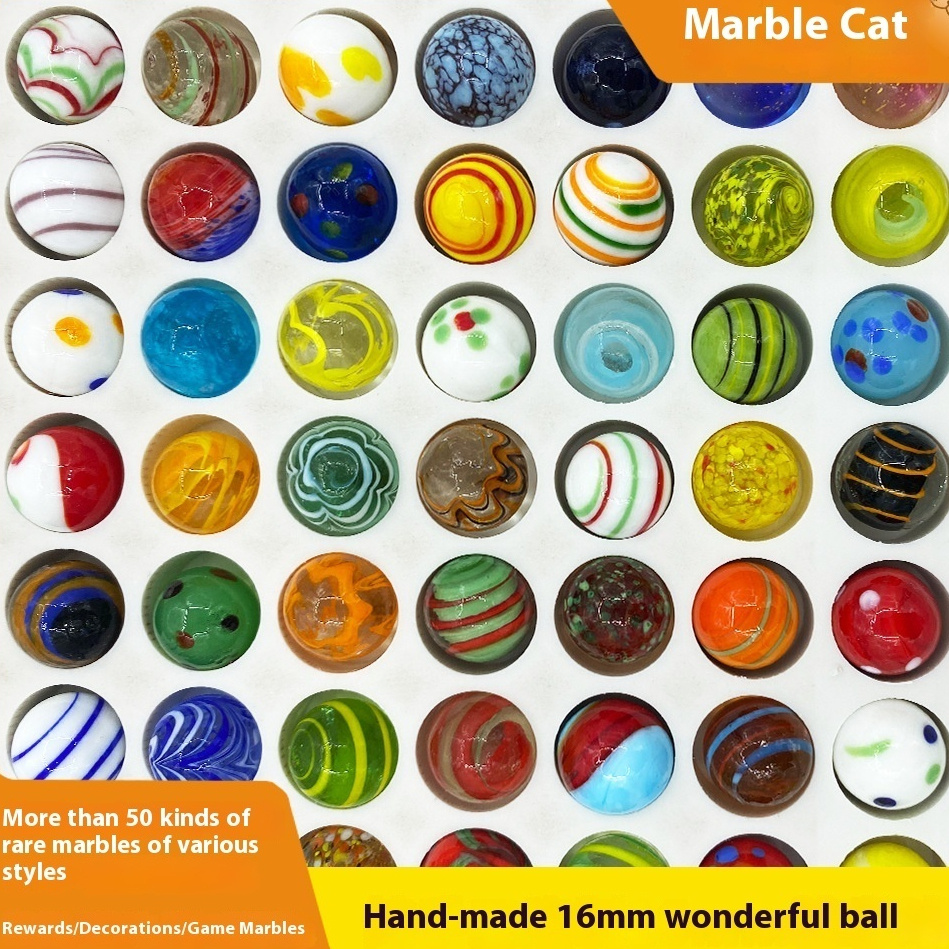 Assortment chart of round decorative marbles in varied colours and patterns