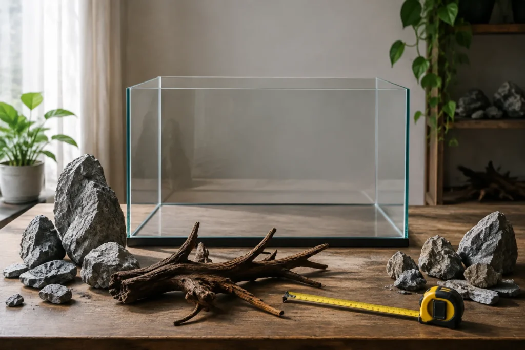 Rock and driftwood measured beside an empty aquarium during hardscape planning