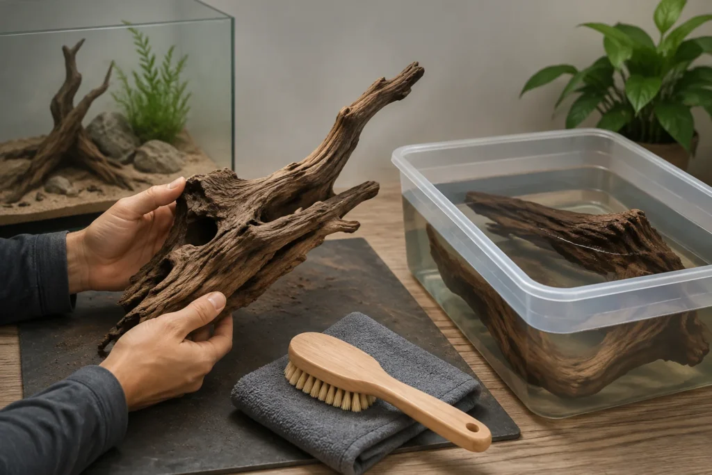 Aquarium driftwood being inspected, brushed and soaked before placement