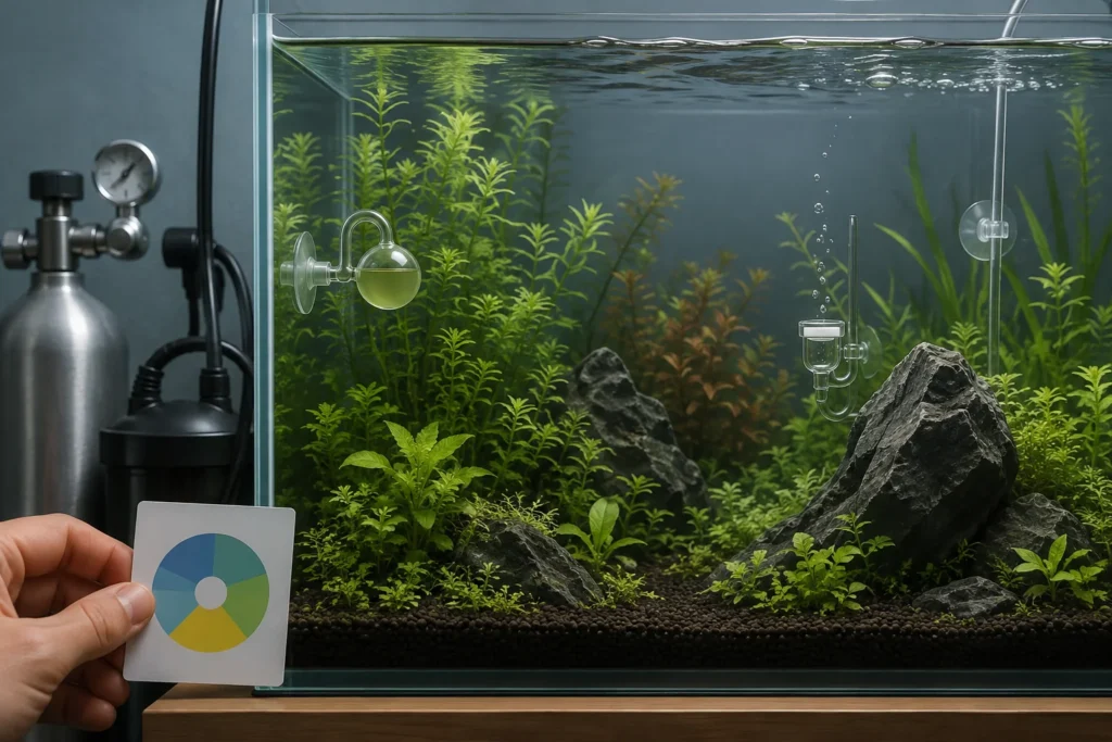 CO2 drop checker positioned away from the diffuser in a planted aquarium