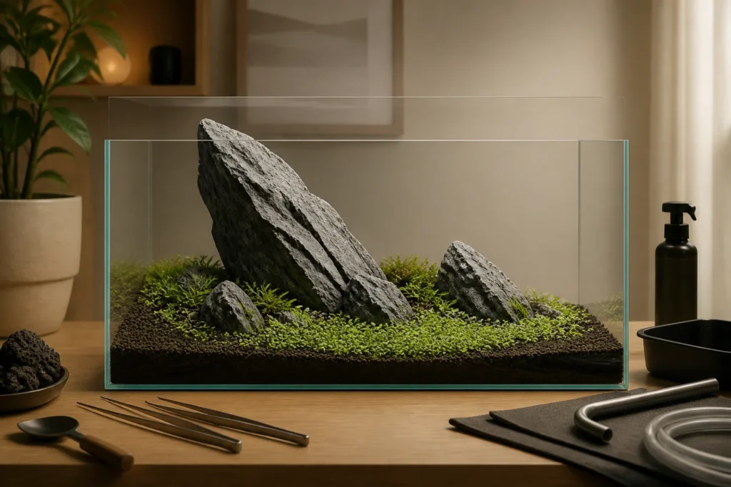 Iwagumi-inspired aquarium layout with a dominant stone and smaller supporting stones