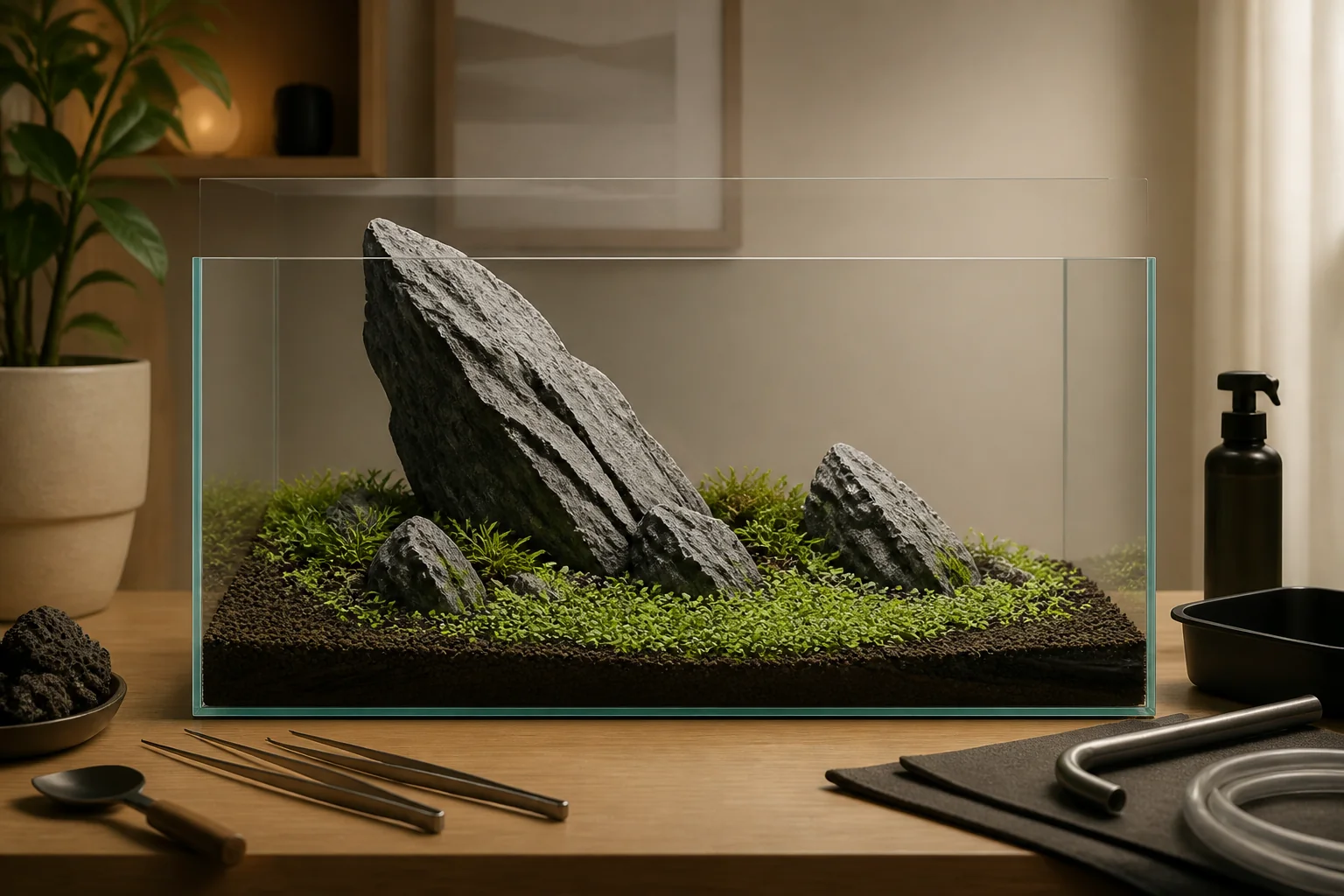Iwagumi-inspired aquarium layout with a dominant stone and smaller supporting stones