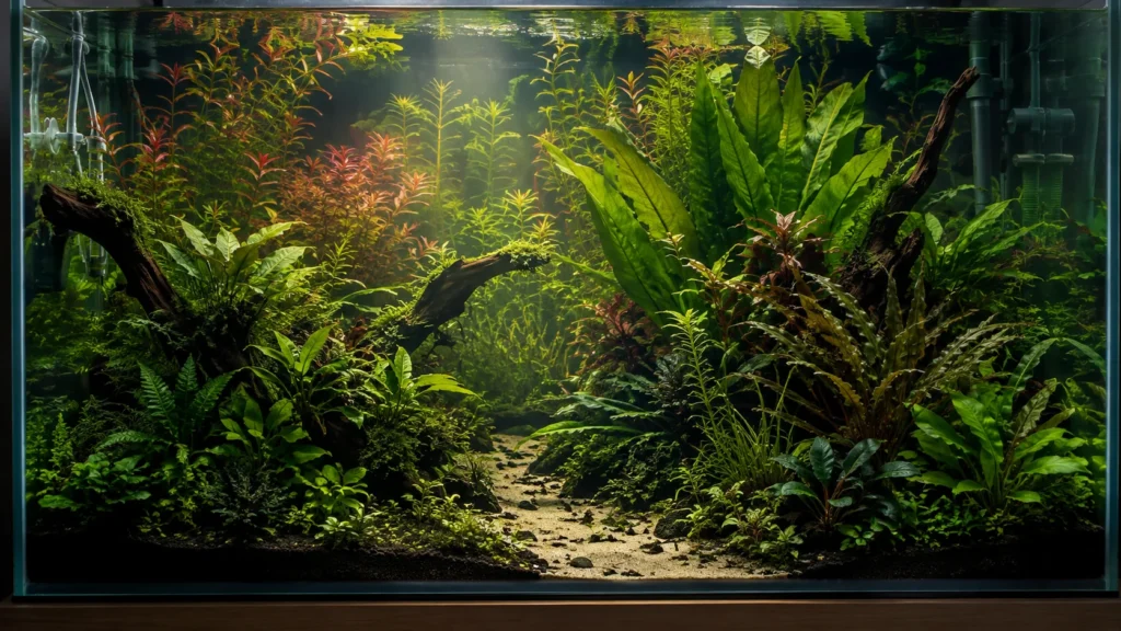 Dense jungle aquascape with layered plants and an open foreground maintenance path