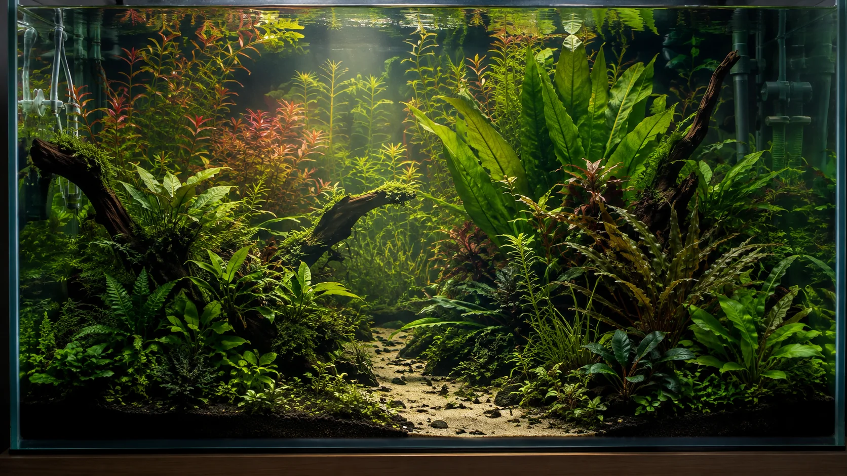 Dense jungle aquascape with layered plants and an open foreground maintenance path