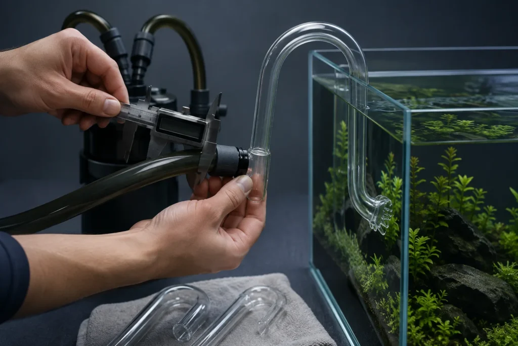 Glass lily pipe and filter hose being checked for diameter and aquarium rim clearance