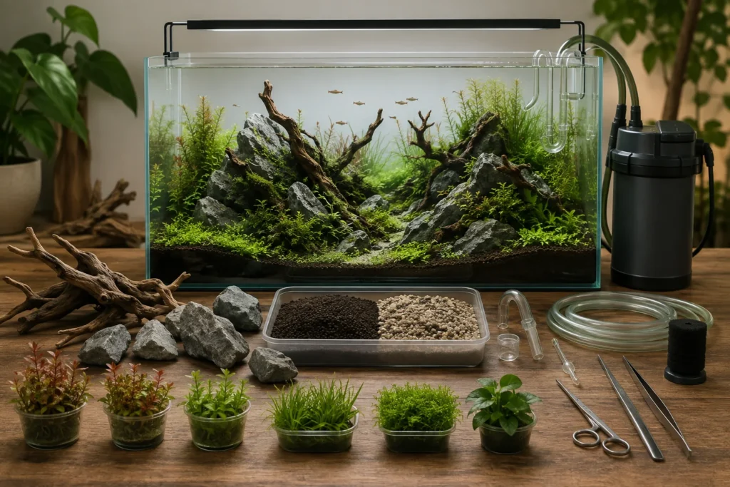 Nature-inspired planted aquarium with substrate, stone, wood, plants, filter and light arranged for planning