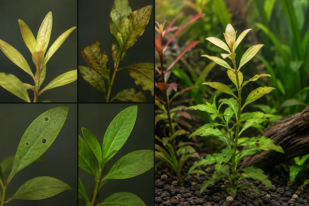 Comparison of pale new growth, damaged older leaves, pinholes and healthy aquarium plant leaves
