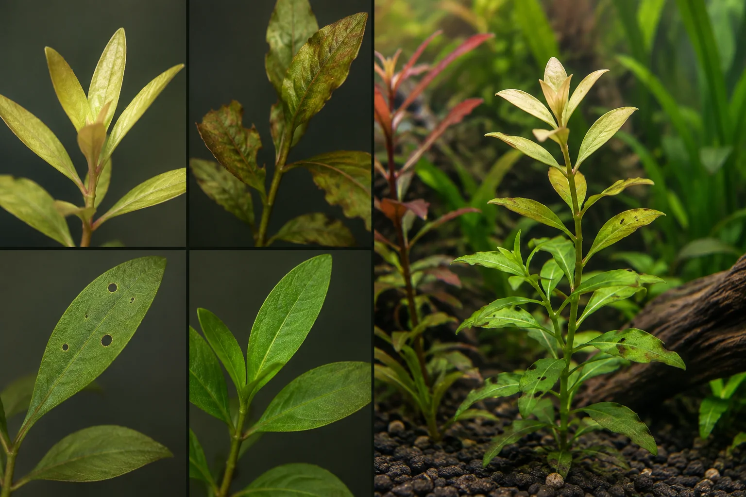 Comparison of pale new growth, damaged older leaves, pinholes and healthy aquarium plant leaves