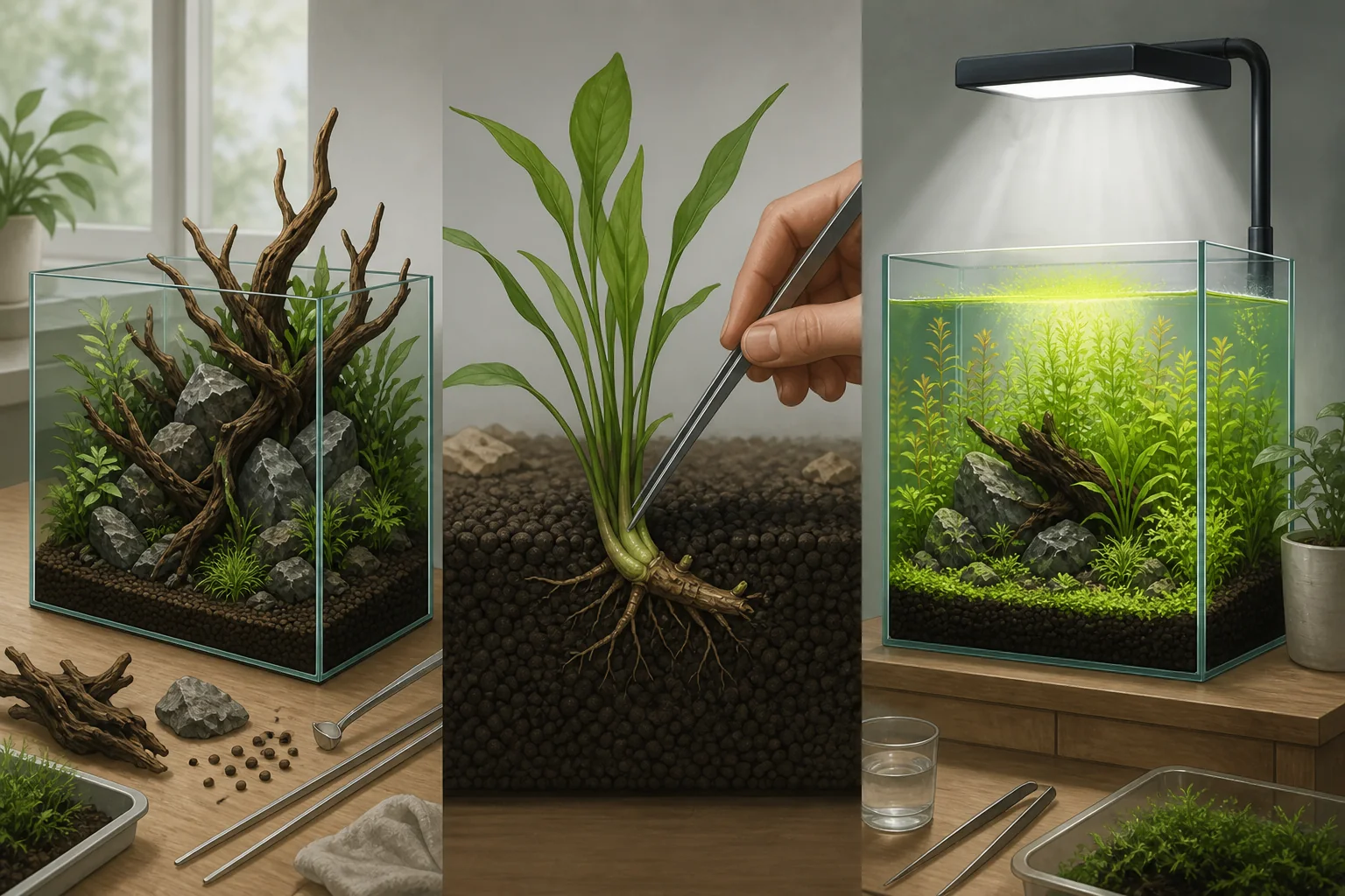 Three planted aquarium setup examples showing crowded hardscape, a buried rhizome and concentrated lighting