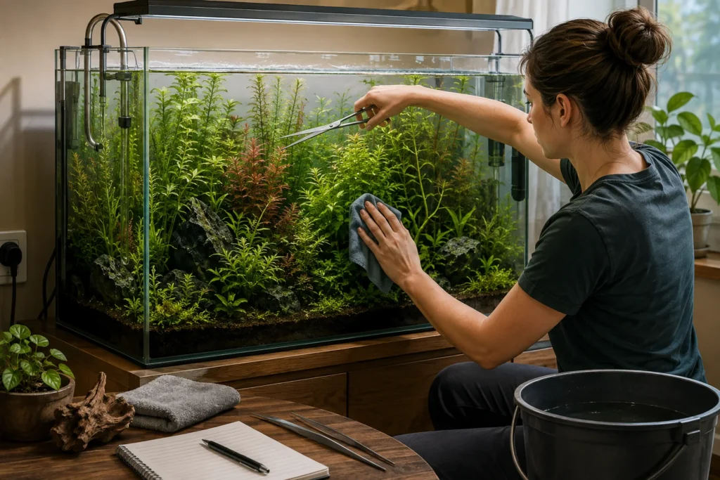 Aquarist trimming plants and cleaning glass during a planted aquarium maintenance session