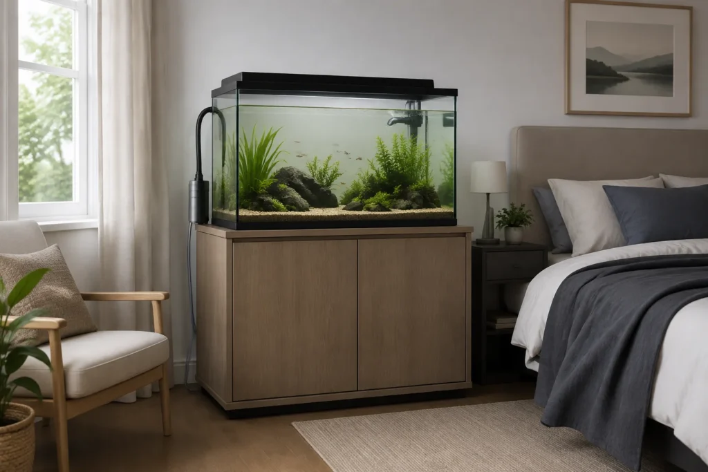 Bedroom aquarium on a stable cabinet with tidy hoses and vibration-isolating support