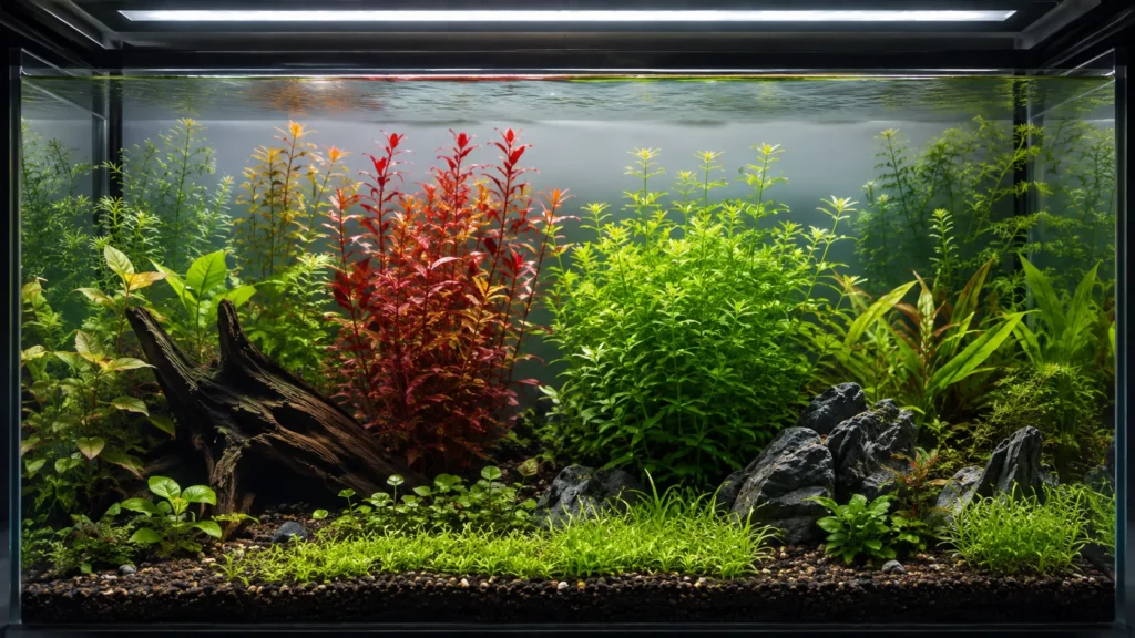 Red and green aquarium stem plants growing under even overhead lighting
