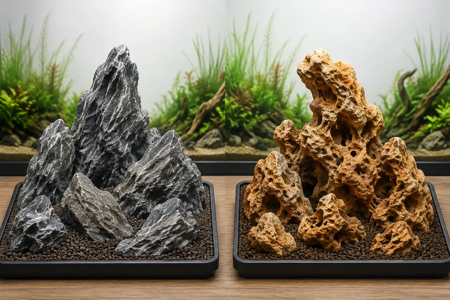 Side-by-side aquascaping comparison of veined grey stone and porous Dragon-stone texture