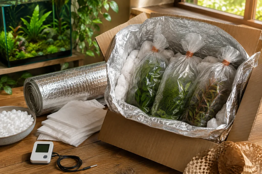 Aquarium plants packed in an insulated parcel with protective material and a temperature logger