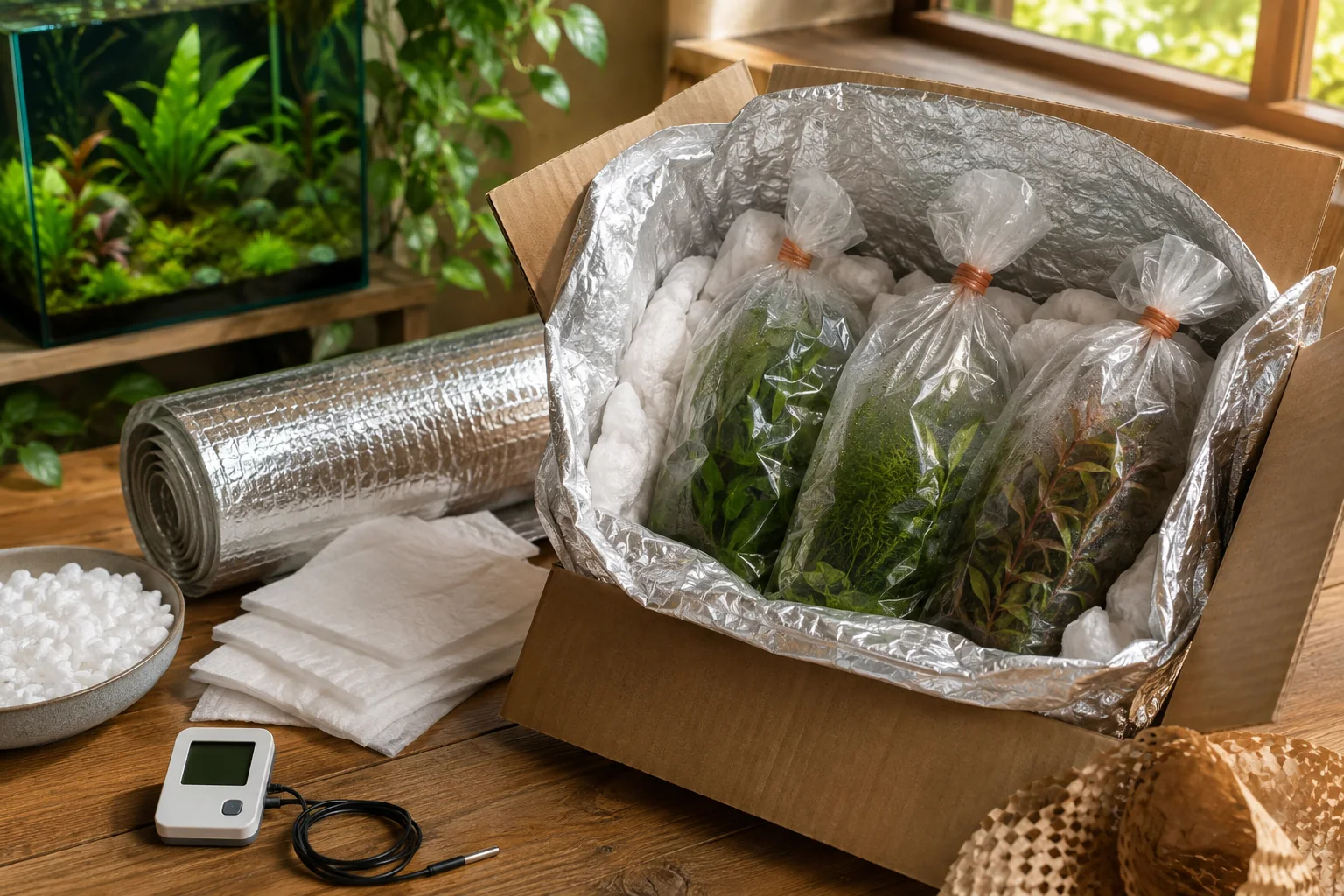 Aquarium plants packed in an insulated parcel with protective material and a temperature logger