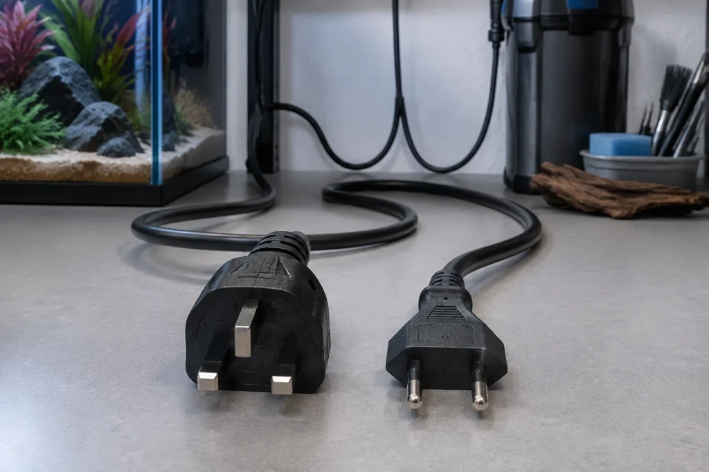 Type G and European two-pin aquarium equipment plugs shown side by side in a dry setup area