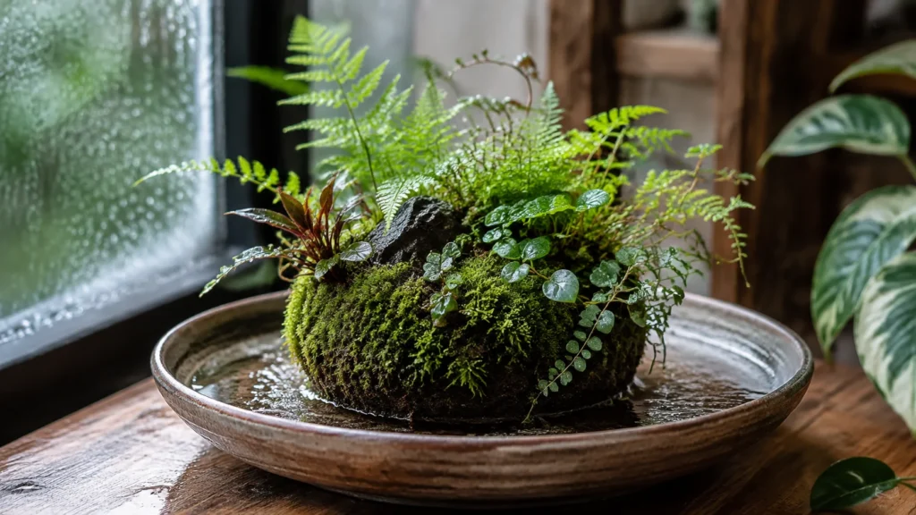 Emersed Wabi-Kusa plant ball growing in a shallow tabletop dish