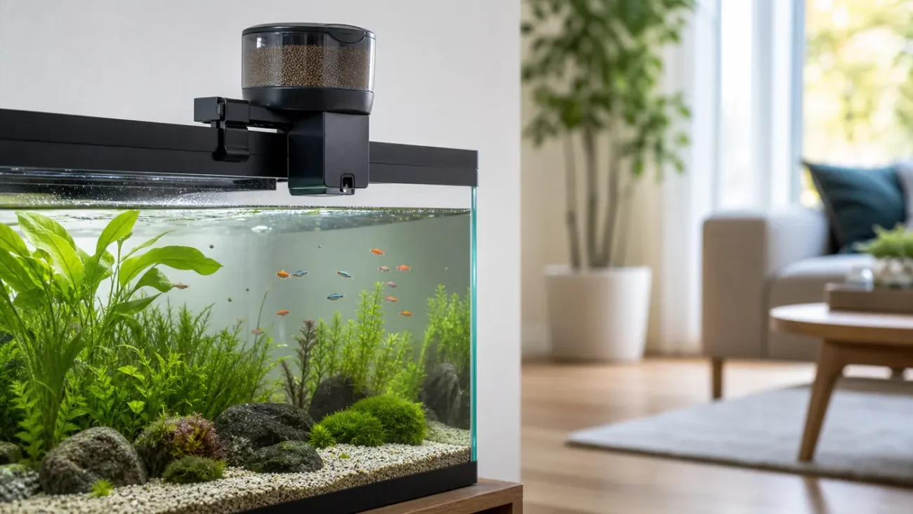 Automatic fish feeder mounted above a clean home aquarium