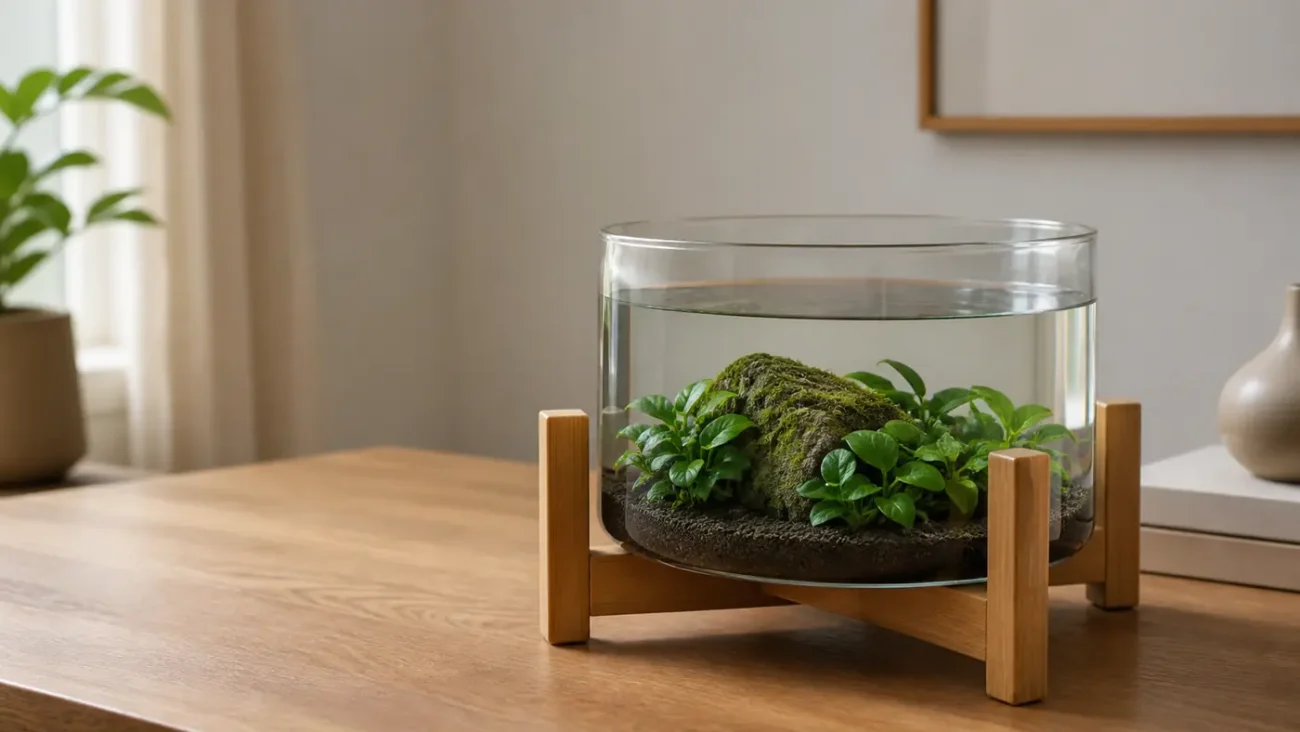 Bamboo-framed glass mini aquarium bowl arranged as a planted desktop display