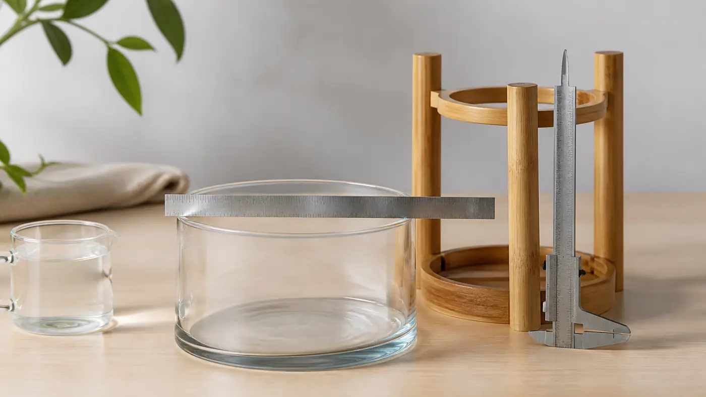 Measuring the diameter and water height of a cylindrical glass aquarium bowl