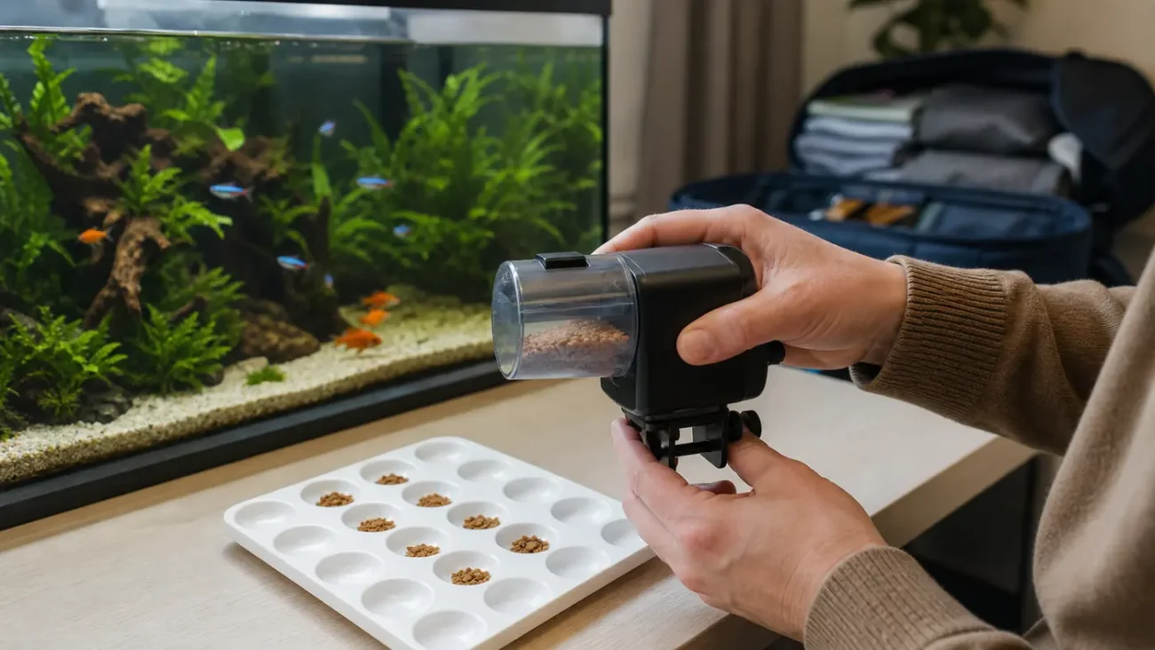Aquarium owner testing an automatic fish feeder before travelling
