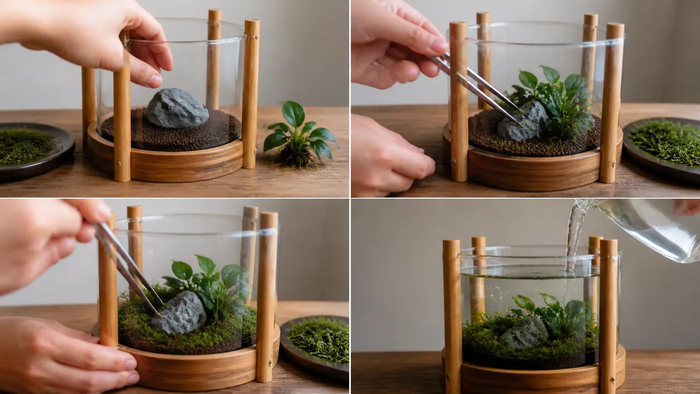 Plant-only miniature aquascape inside a bamboo-framed glass bowl