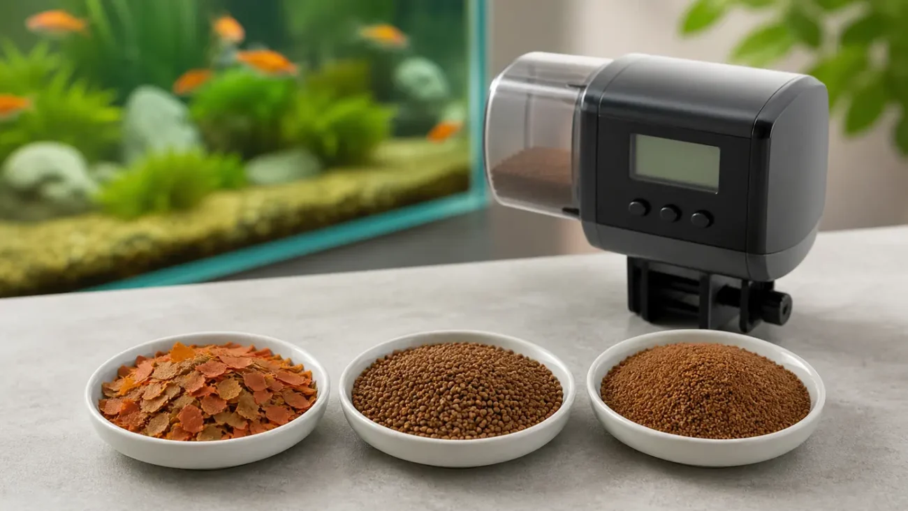 Flakes pellets and granules separated into small dishes beside an automatic fish feeder