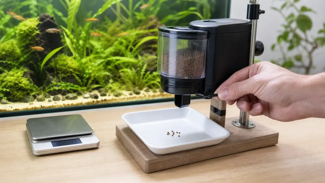 Automatic aquarium feeder dispensing a measured test portion onto a white tray
